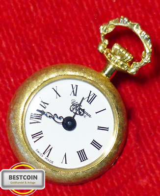 Mini Taschenuhr UHLMANN, Schweitzer Uhrwerk, 585er Gold ca 3 gr fein